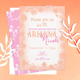 Invitación Melocotones, Flores Salvajes Rosa Dulces 16 Cumple