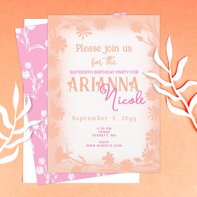 Invitación Melocotones, Flores Salvajes Rosa Dulces 16 Cumple (peach pink sweet 16 sixteen birthday party invitation wild flowers daisies spring summer template)