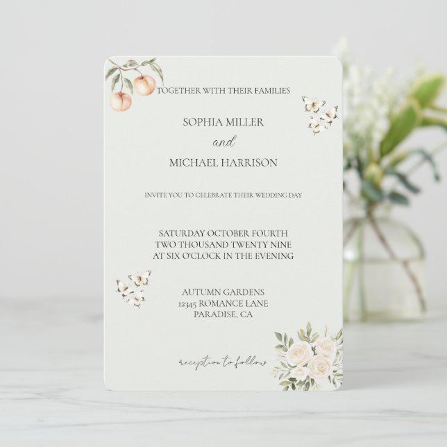 Invitación Melocotones Mariposa Floral Blanca Boda romántico (Anverso de pie)