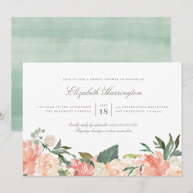 Invitación Melocotones y Crema Verano Floral Ducha de Novias (Anverso / Reverso)