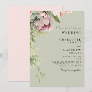 Invitación Melodía de salvia y rosa Peonies Elegante Boda