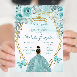 Invitación Melodía Verde azulada Turquesa3 Mariposa y Rosa Mi
