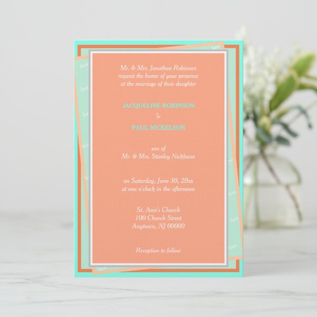 Invitación Melón Turquesa Amor Geométrico (Anverso de pie)