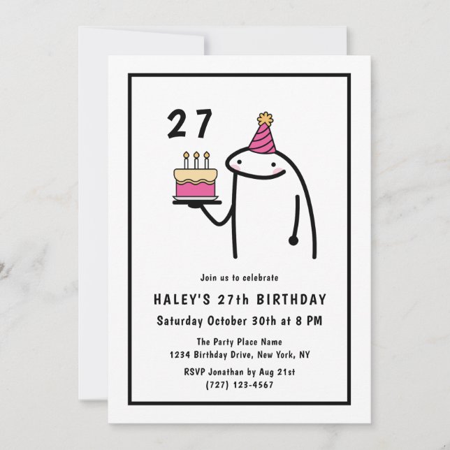 Invitación Meme divertido Sencillo negro y blanco 27 cumpleañ (Anverso)