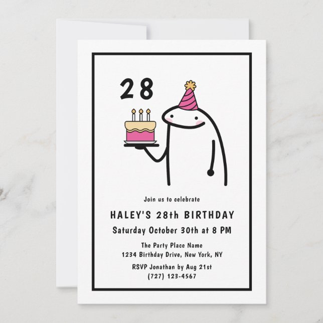 Invitación Meme divertido Sencillo negro y blanco 28 cumpleañ (Anverso)