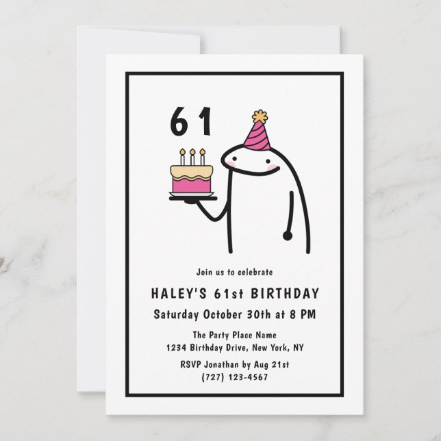 Invitación Meme divertido Sencillo negro y blanco 61 cumpleañ (Anverso)