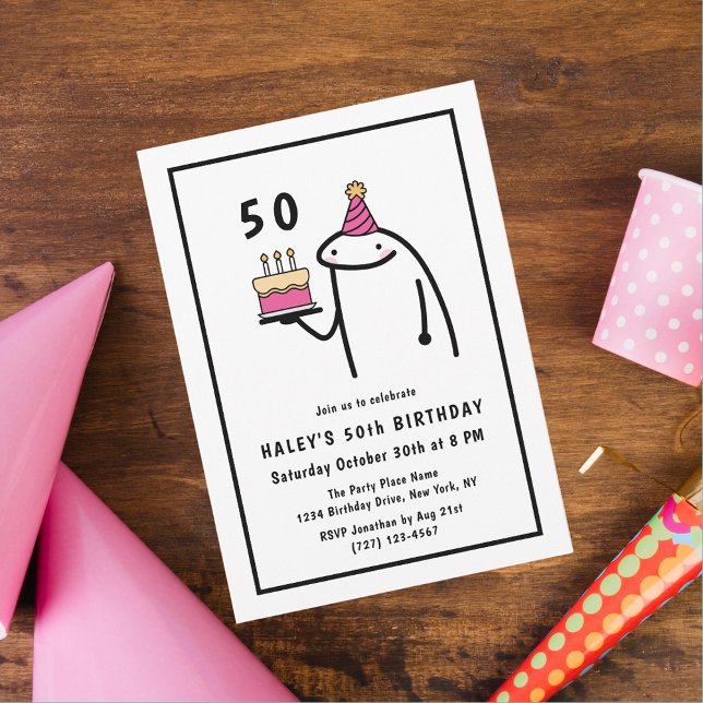 Invitación Meme Divertido Simple Cumpleaños 50 en Blanco y Ne (Subido por el creador)