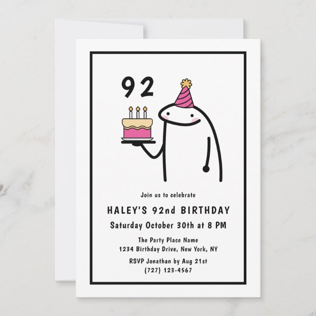 Invitación Meme Divertido Simple Cumpleaños 92 Negro y Blanco (Anverso)