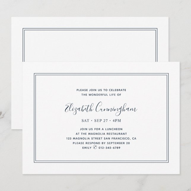 Invitación Memorial Classic Moda simple marco elegante (Anverso / Reverso)