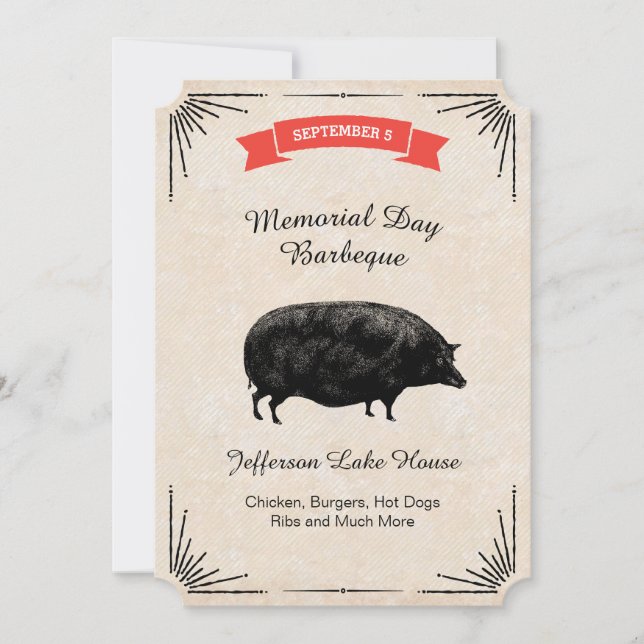Invitación Memorial Day Barbeque BBQ Picnic Black Vintage Pig (Anverso)