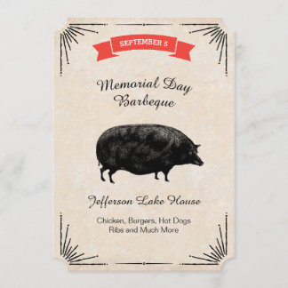 Invitación Memorial Day Barbeque BBQ Picnic Black Vintage Pig