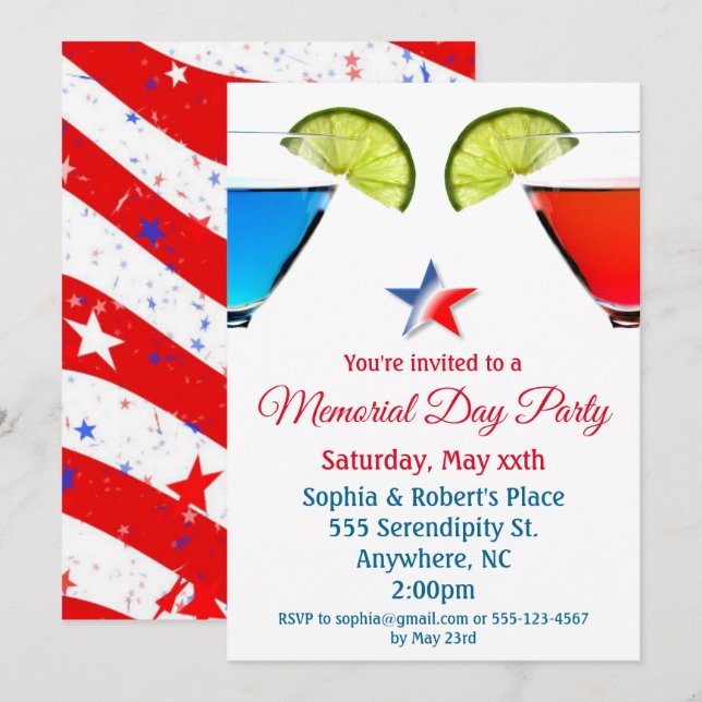 Invitación Memorial Day Cocktail Fiesta (Anverso / Reverso)