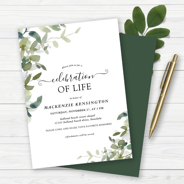 Invitación Memorial de la Fiesta de la Naturaleza de las Acua (Watercolor Greenery Celebration of Life Memorial Invitation)