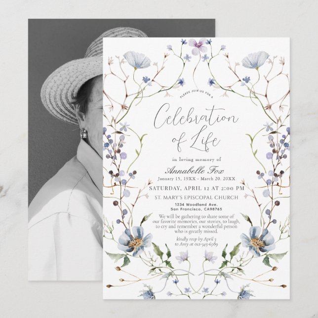 Invitación Memorial del funeral de Blue Wildflower (Anverso / Reverso)