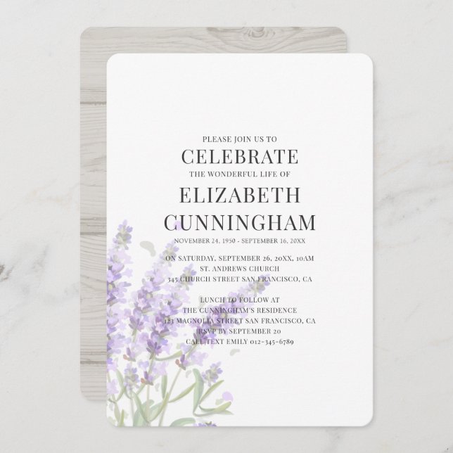 Invitación Memorial floral de la lavanda morada (Anverso / Reverso)