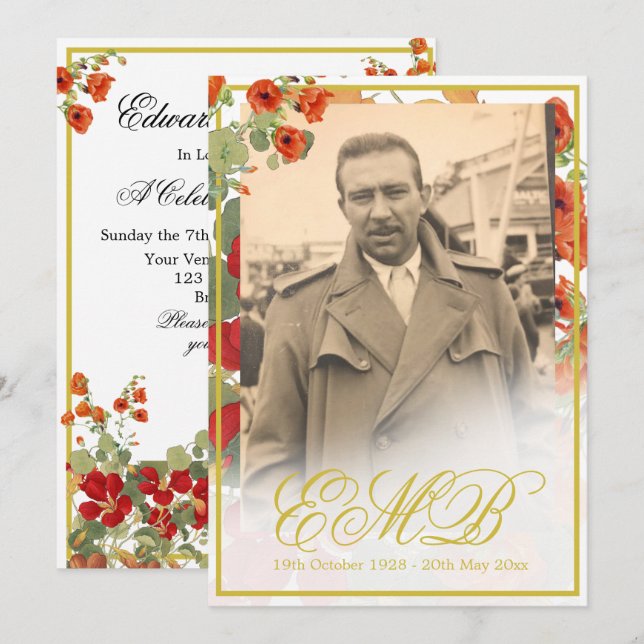Invitación Memorial funeral Foto Celebración del Oro Floral (Anverso / Reverso)