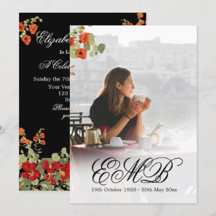 Invitación Memorial funeral Foto Floral Negra Celebración