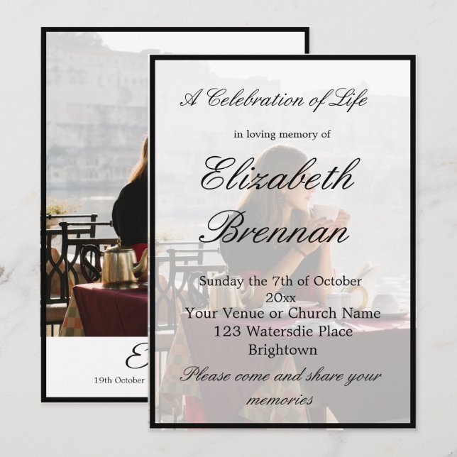 Invitación Memorial funeral Foto Monograma Elegante Black Inv (Anverso / Reverso)