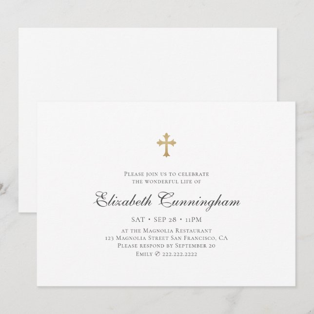 Invitación Memorial Funeral moderno Simple Faux Gold Cross (Anverso / Reverso)
