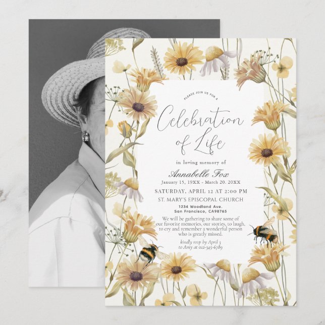 Invitación Memorial funerario de Chamomile y Daisies (Anverso / Reverso)