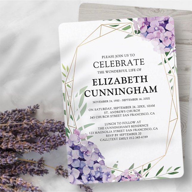 Invitación Memorial Geométrico Floral Hydrangea Lilac (Subido por el creador)