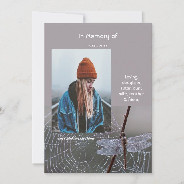 Invitación Memorial Keepsake  Card Dragonfly Dewdrops (Anverso)