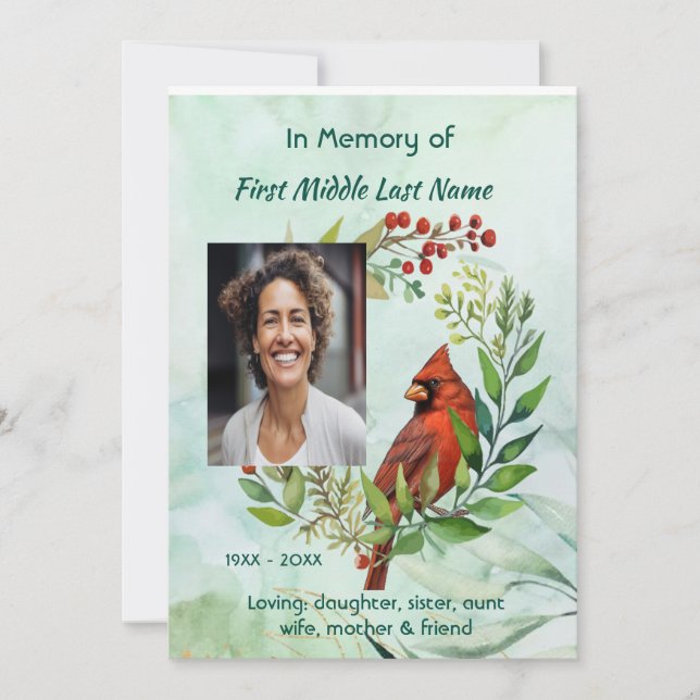 Invitación Memorial keepsake Cardinal Bird (Anverso)