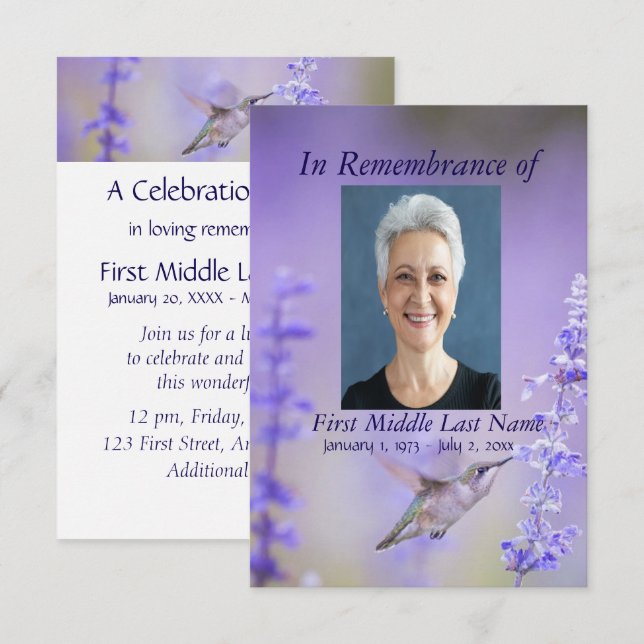 Invitación Memorial Service Hummingbird Lavender Personalizad (Anverso / Reverso)