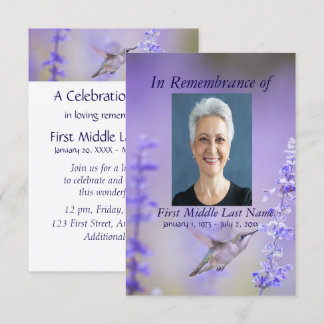 Invitación Memorial Service Hummingbird Lavender Personalizad