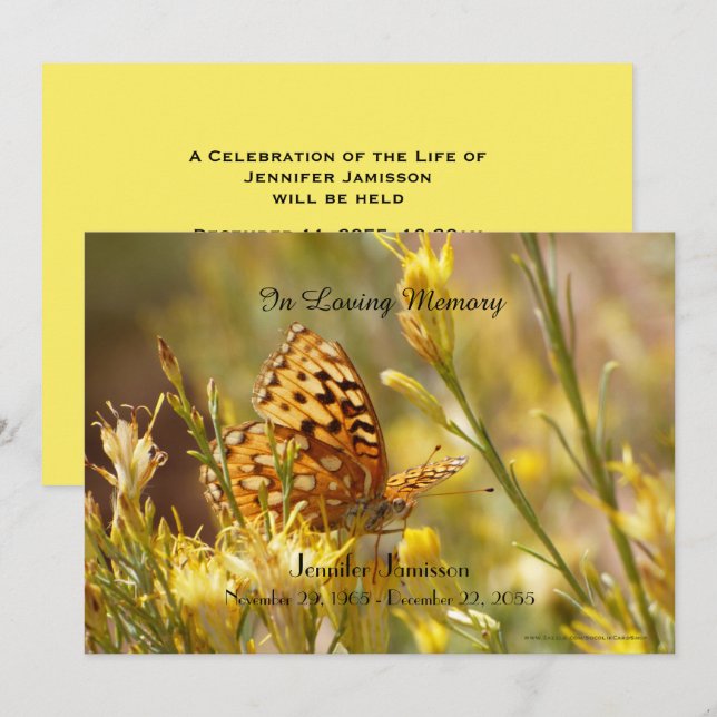 Invitación Memorial Service Invitation, Yellow Butterfly (Anverso / Reverso)