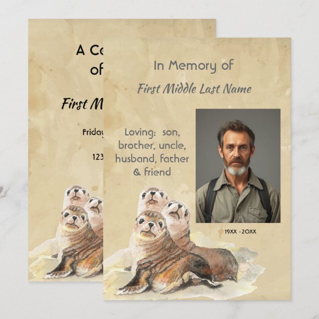 Invitación Memorial Service Invite Watercolor Seals Animals (Anverso / Reverso)