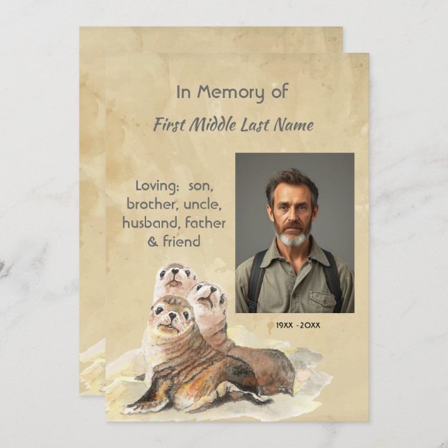 Invitación Memorial Service Invite Watercolor Seals Animals (Anverso / Reverso)