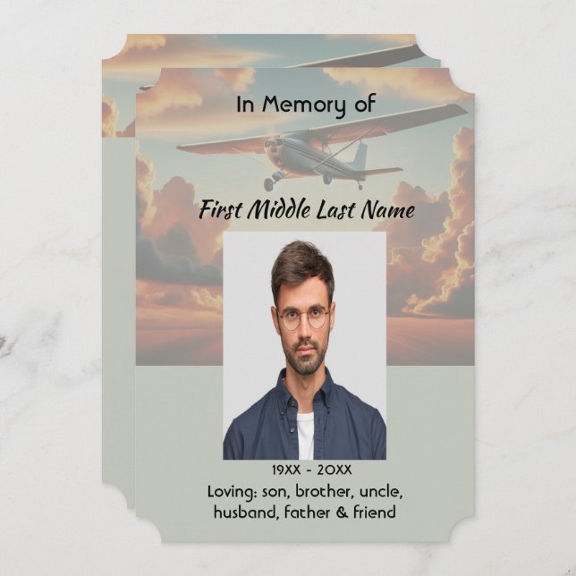 Invitación Memorial Service Pilot Airplane Flying Sunset (Anverso / Reverso)