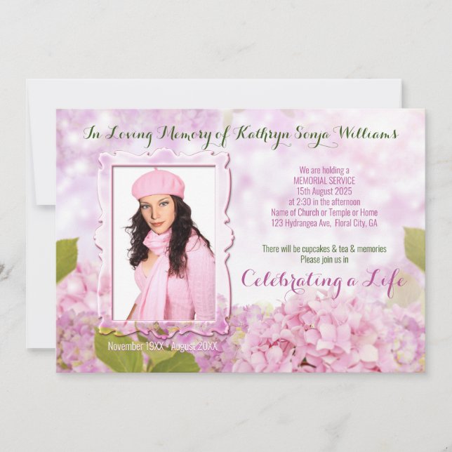 Invitación Memorial Service Pink Hydrangea Añadir la foto (Anverso)