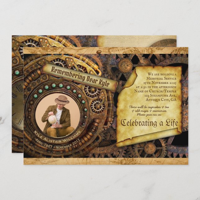 Invitación Memorial Service Steampunk Gear Time Machine Photo (Anverso / Reverso)