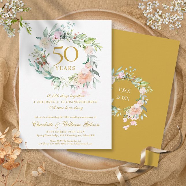 Invitación Memorias de Bodas de Oro Florales 50 Aniversario (Floral 50th Golden Wedding Anniversary Memories Invitation)