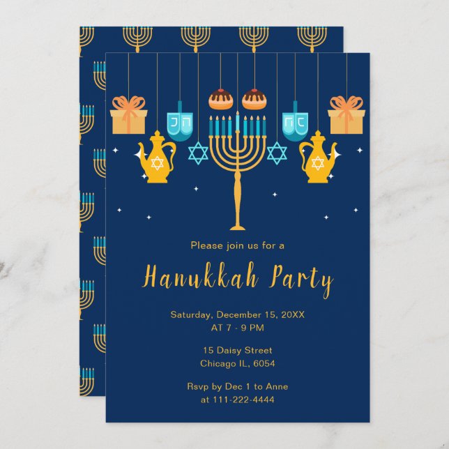Invitación Menorah Hanukkah Party (Anverso / Reverso)