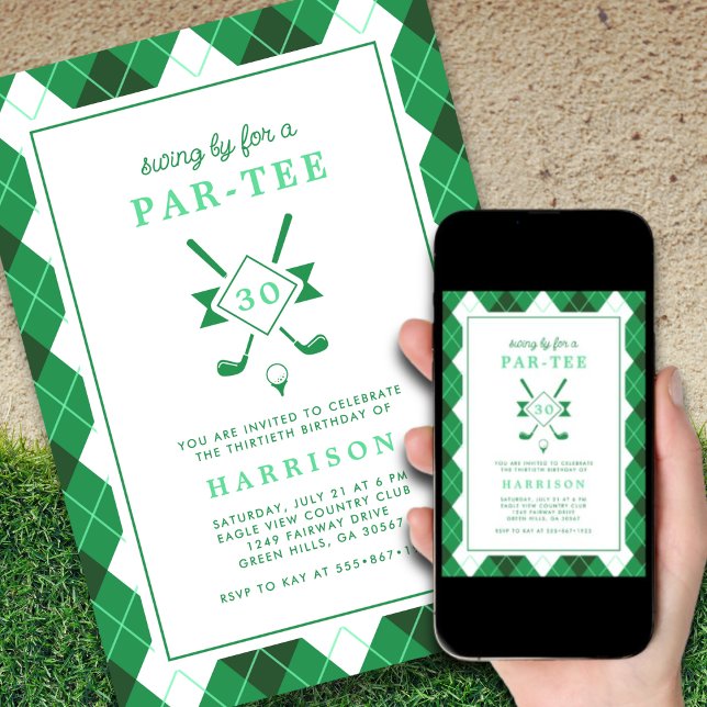 Invitación Mens 30 cumpleaños Tema de golf Preppy Green (Subido por el creador)
