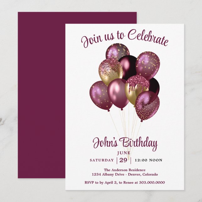 Invitación Mens Balloons Birthday  (Anverso / Reverso)