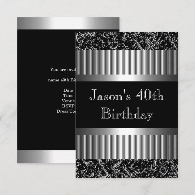 Invitación Mens Birday Party Metalizado Chrome Look Images (Anverso / Reverso)