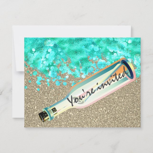 Invitación Mensaje en una botella playa y olas oceánicas vera (Anverso)