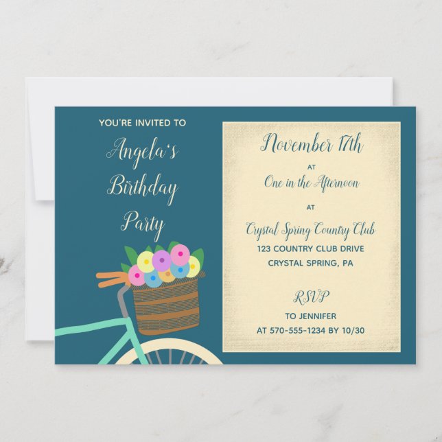 Invitación Menta de bonito y cesta Verde azulada de bicicleta (Anverso)