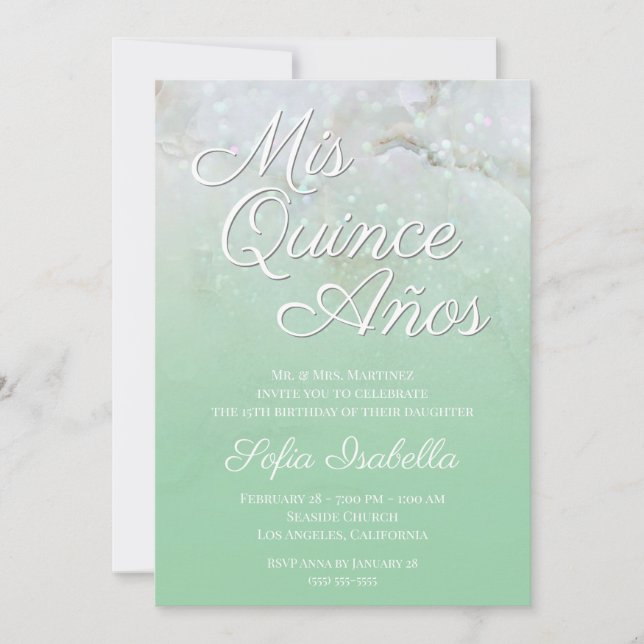 Invitación Menta de mármol espumoso Verde Ombre Mis Quince Añ (Anverso)