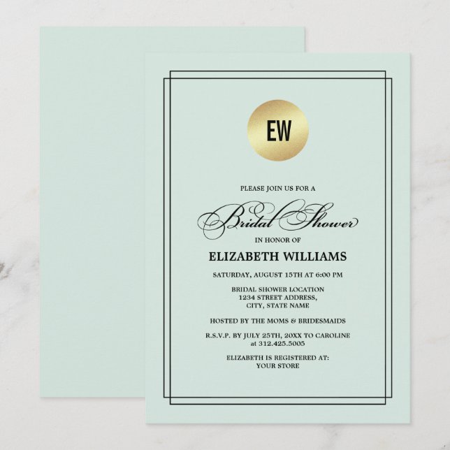 Invitación Menta | Elegante y negra ducha de novias Minimalis (Anverso / Reverso)