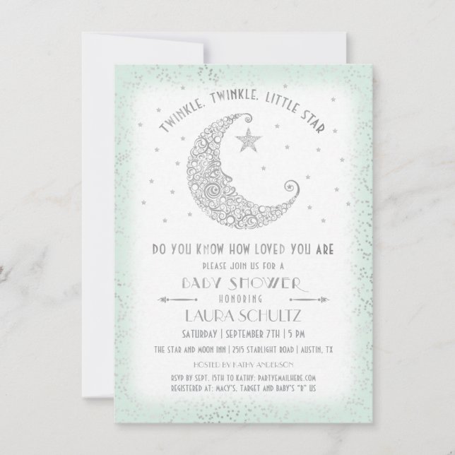 Invitación Menta Plateado Brillo Estrellita Cumplemes de Bebé (Anverso)