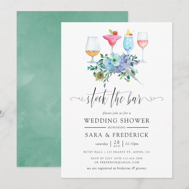 Invitación Menta y Azul Boho Floral Abastece el Bar (Anverso / Reverso)
