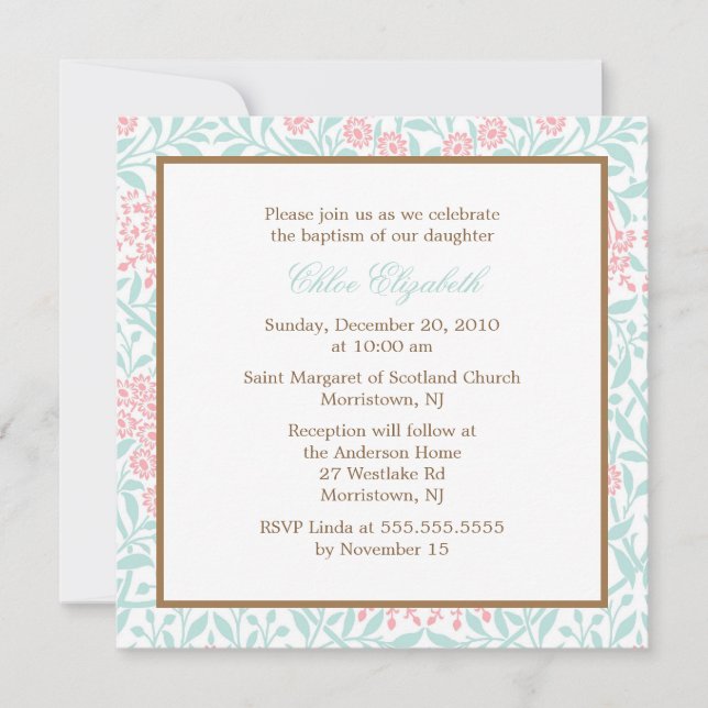 Invitación Menta y bautizo floral coralino del damasco (Anverso)