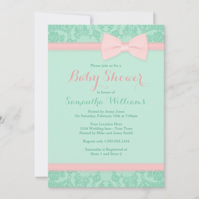 Invitación Menta y cordón y arco rosados Baby Shower (Anverso)