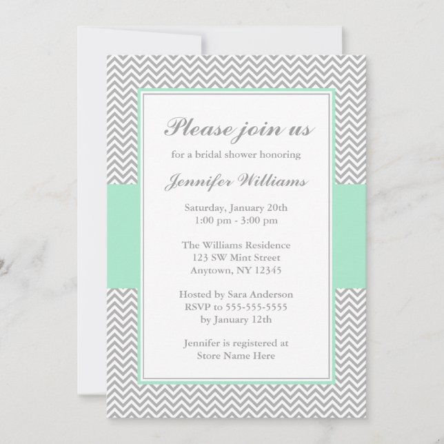 Invitación Menta y ducha nupcial gris de Chevron (Anverso)