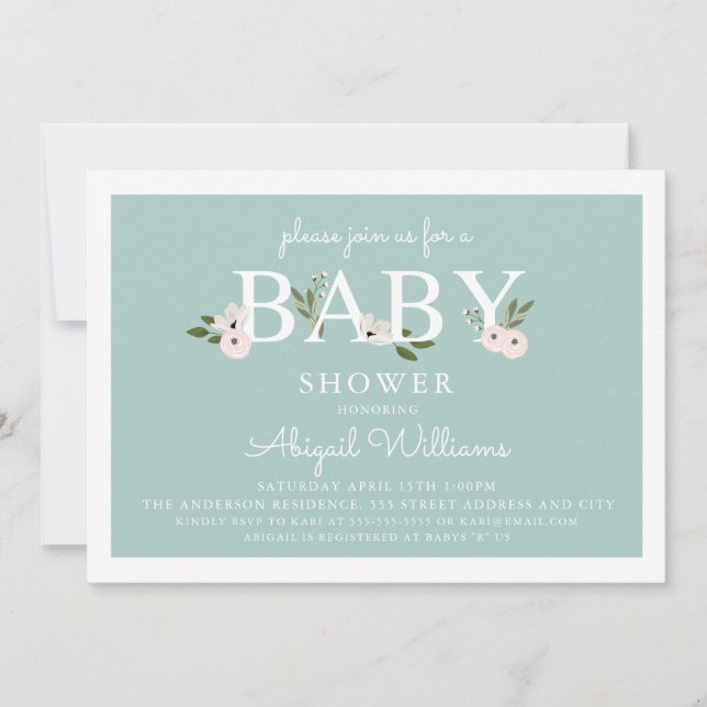 Invitación Menta y rosa Baby Shower floral (Anverso)